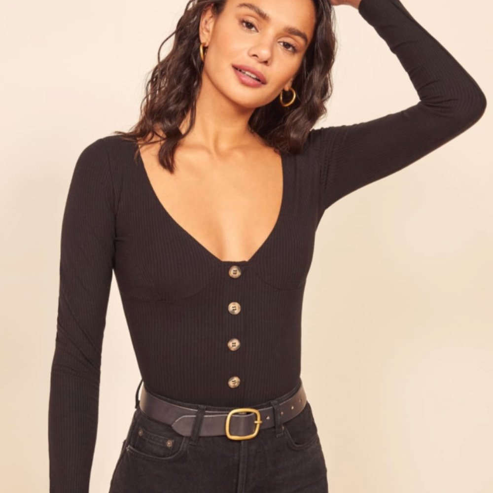 REFORMATION Black Ribbed Virgil Top